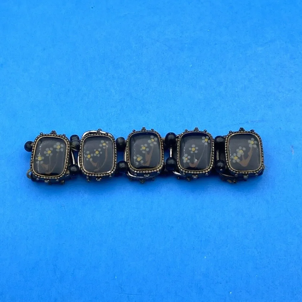Art Deco Czech Style Black Glass Floral 10 Panel Stretch Bracelet Vintage